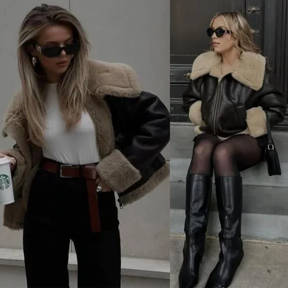 Zara Double Faced Jacket ZW Collection Sherpa Faux Fur Dark Brown Biker Size S - Picture 14 of 16